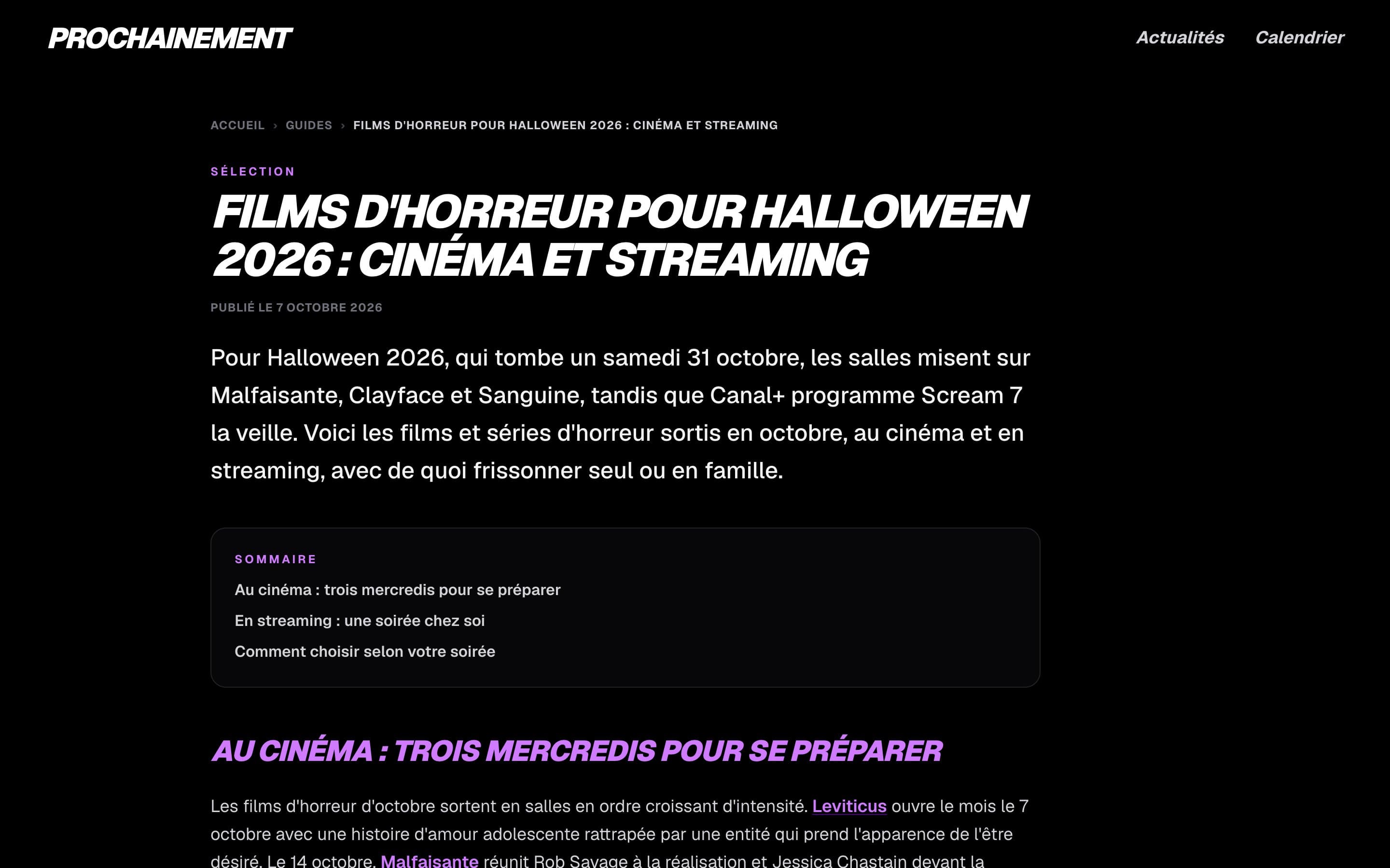Guide « Films d’horreur pour Halloween 2026 » avec son sommaire
